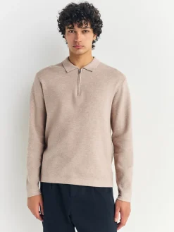 Online Next - Col zippé - Polo N.premium en maille à manches longues haut de gamme à manches longues Avoine