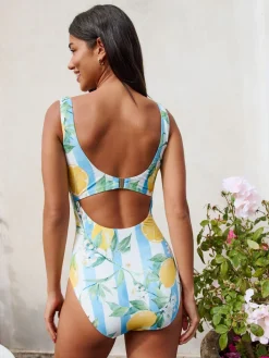 Discount Next - DD Maillot de bain coupe ventrale Col dégagé Blanc et Bleu rayé imprimé citron