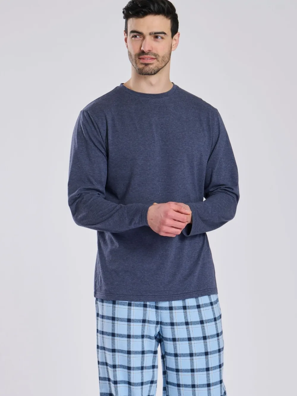 Best Loungeable Bleu - Ensemble pyjama haut en jersey et pantalon à carreaux brossé