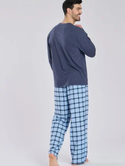 Best Loungeable Bleu - Ensemble pyjama haut en jersey et pantalon à carreaux brossé