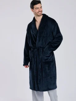 Discount Loungeable Bleu - Robe de chambre à col châle en polaire coupe Gaufré