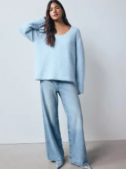 New Next Bleu clair - Pull à col dégagé en laine