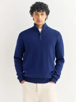 Online Next - Uni - Pull N.Premium Coupe classique 100% Coton Premium à fermeture éclair bleu foncé