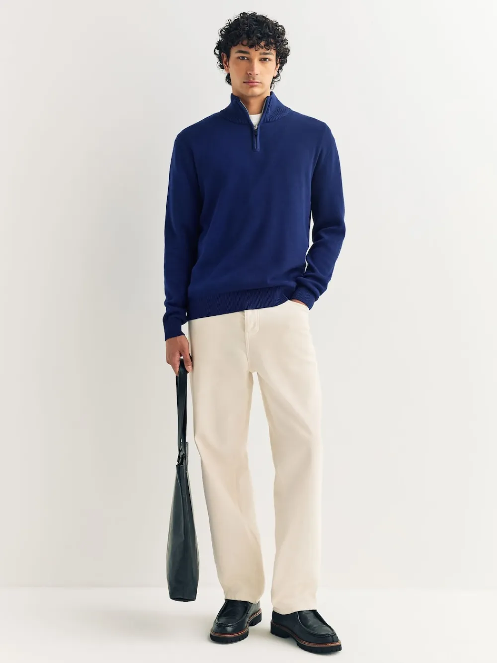 Online Next - Uni - Pull N.Premium Coupe classique 100% Coton Premium à fermeture éclair bleu foncé
