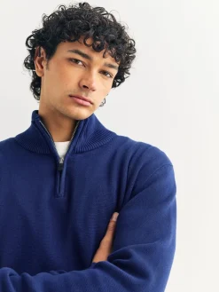 Online Next - Uni - Pull N.Premium Coupe classique 100% Coton Premium à fermeture éclair bleu foncé
