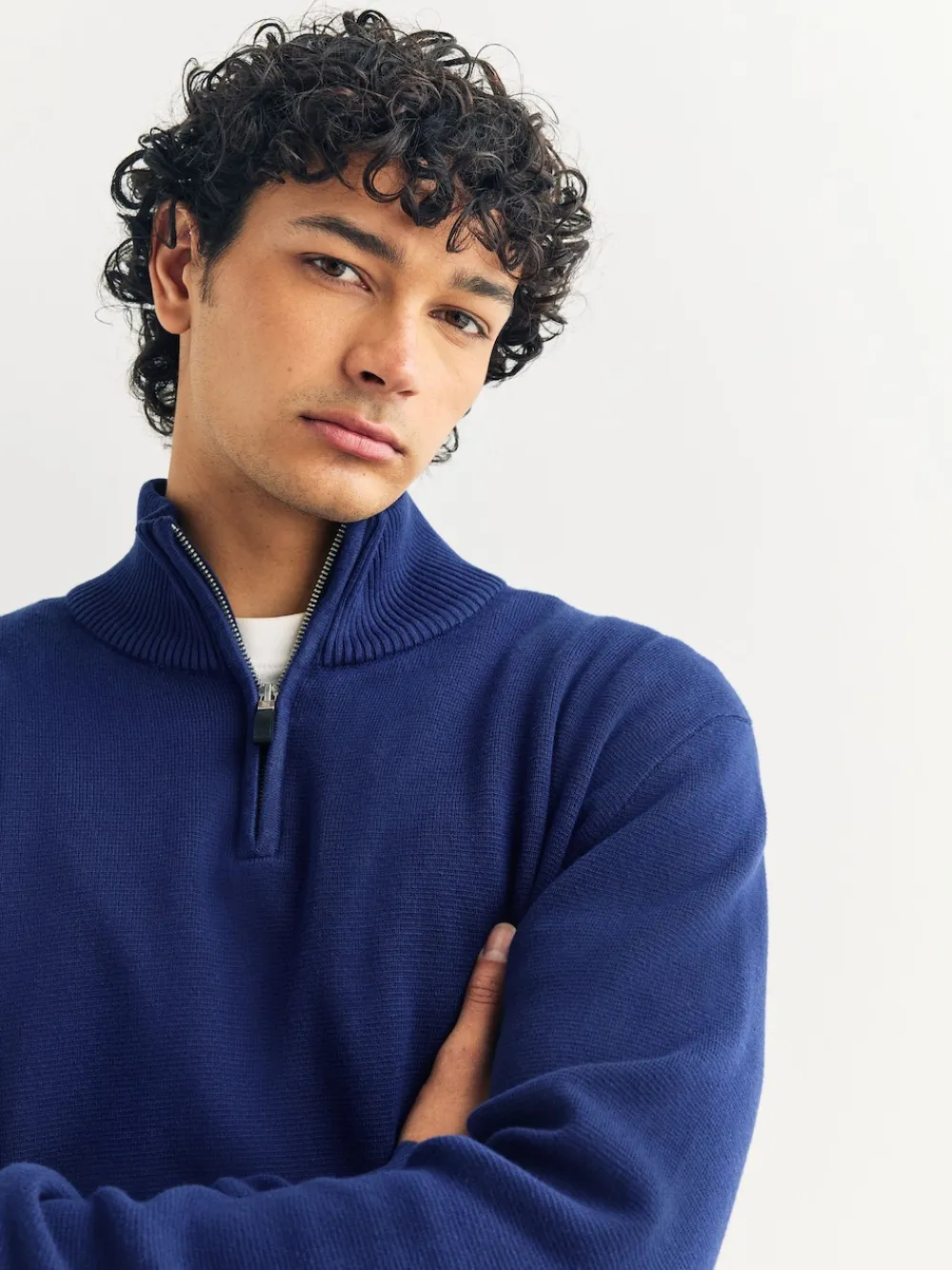 Online Next - Uni - Pull N.Premium Coupe classique 100% Coton Premium à fermeture éclair bleu foncé