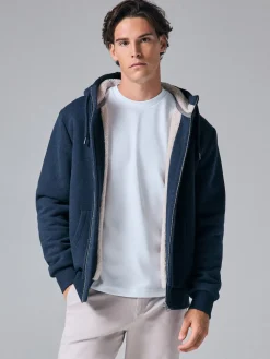 Sale Next Bleu marine - Sweat à capuche zippé doublé en polaire en peau de mouton