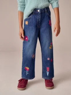 Outlet Next Bleu moyen - Jean droit brodé fleuri (3-16ans) Ajustement régulier