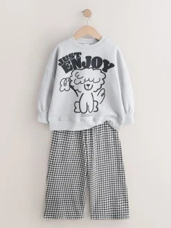 Best Next Chien gris/vichy - Ensemble Sweat-shirt et Pantalons Jambe large (3-16ans)