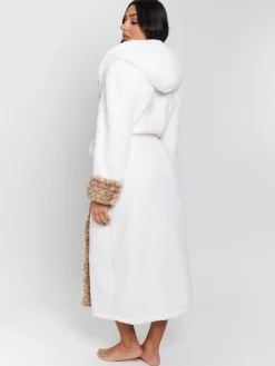 Hot Loungeable Crème - Robe de chambre mi-longue bordée de fausse fourrure imprimé léopard