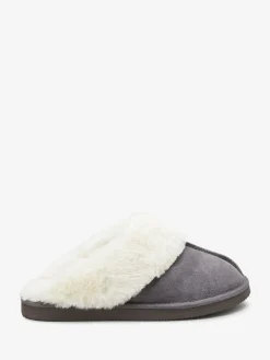 Online Next - Chaussons mules en daim doublés de fausse fourrure Gris