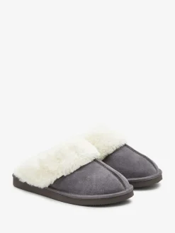 Online Next - Chaussons mules en daim doublés de fausse fourrure Gris