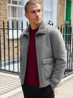 Discount Next Gris de charbon de bois - Veste imitation daim doublure aspect peau de mouton
