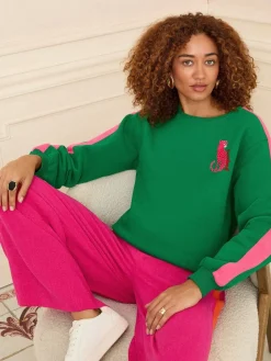 Clearance Love & Roses - Sweat en jersey à col ras du cou Léopard vert à rayures roses