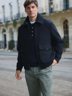 Sale Next marine - Veste en sergé de laine mélangée à col en peau lainée