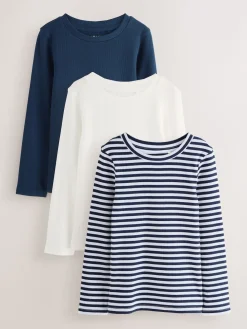 Hot Next - Lot de 3 Hauts à manches longues côtelés (3-16ans) Marine/White Stripe