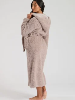 Loungeable Marron - Robe de chambre maxi sherpa de Noël avec capuche luxueuse doublée de polaire|Femme Robes De Chambre
