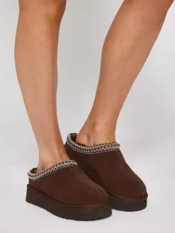 Loungeable Marron - Mules tressées Platform en peau de mouton véritable|Femme Chaussons