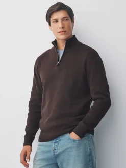 Online Next - Uni - Pull N.Premium Coupe classique 100% Coton Premium à fermeture éclair Marron