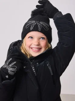 Baker by Ted Baker Noir - Ensemble bonnet et gants pour filles en maille à nœud et diamants| Chapeaux, Gants Et Écharpes