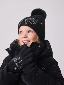 Baker by Ted Baker Noir - Ensemble bonnet et gants pour filles en maille à nœud et diamants| Chapeaux, Gants Et Écharpes