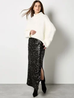Apricot Noir - Jupe mi-longue à sequins|Femme Jupes