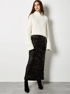Apricot Noir - Jupe mi-longue à sequins|Femme Jupes