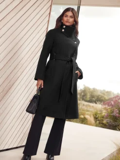 Clearance Lipsy Noir - Manteau asymétrique à col cheminée ceinturé