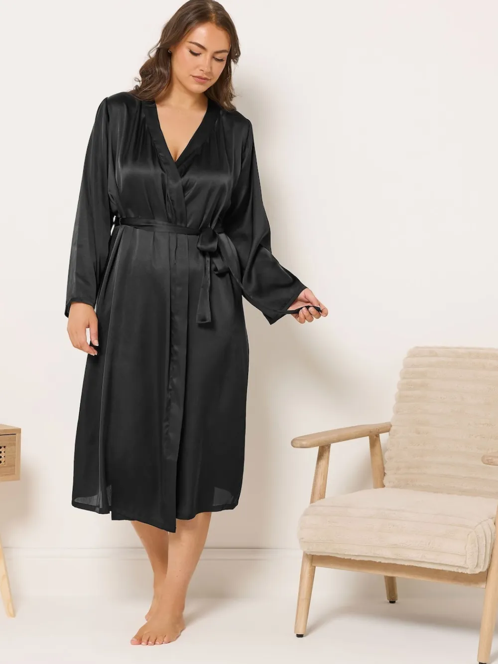 Yours Curve Noir - Peignoir en satin|Femme Robes De Chambre
