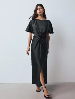 Discount Next Noir - Robe mi-longue texturée en Satin à Manches courtes torsadée sur le devant