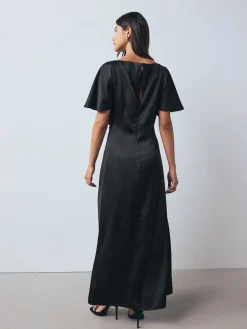 Discount Next Noir - Robe mi-longue texturée en Satin à Manches courtes torsadée sur le devant