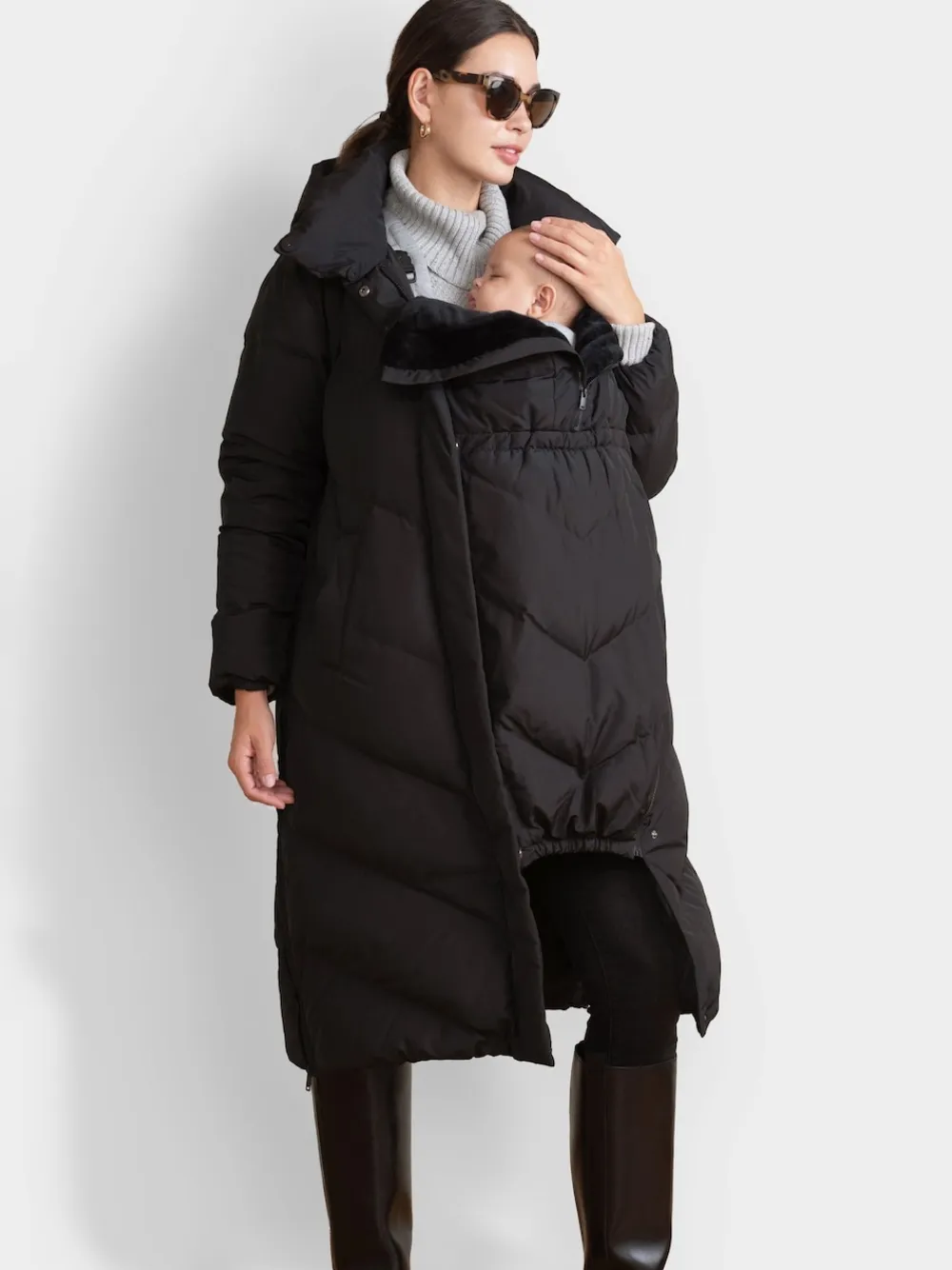Outlet Seraphine Noir - 3-en-1 Long manteau Grossesse à chevrons
