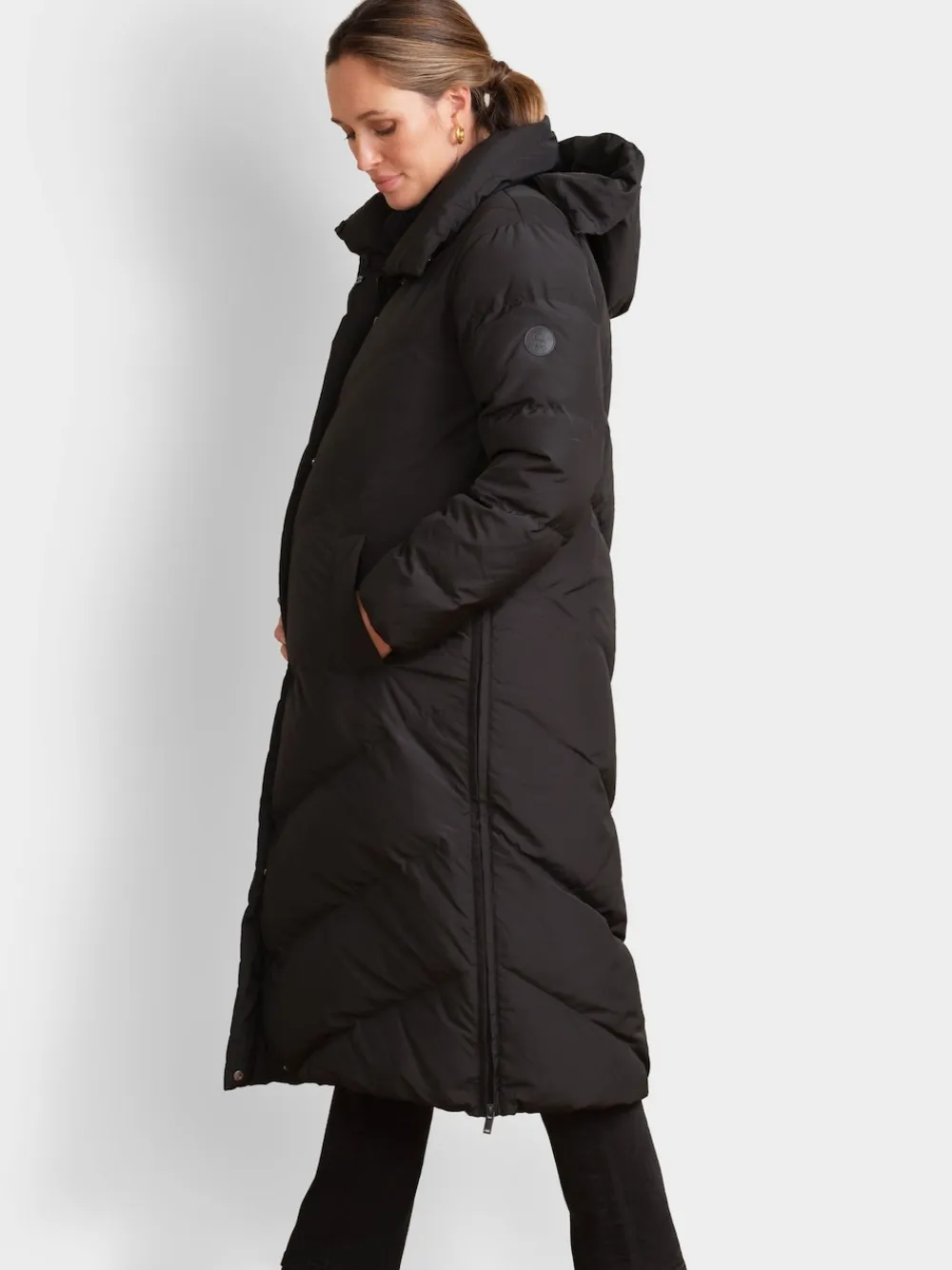 Outlet Seraphine Noir - 3-en-1 Long manteau Grossesse à chevrons