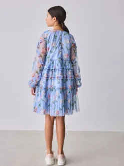 Baker by Ted Baker Robe bleue en maille à volants et imprimé fleuri| Robes|Tenues Grandes Occasions