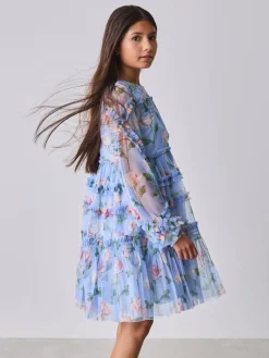 Baker by Ted Baker Robe bleue en maille à volants et imprimé fleuri| Robes|Tenues Grandes Occasions