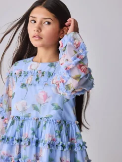 Baker by Ted Baker Robe bleue en maille à volants et imprimé fleuri| Robes|Tenues Grandes Occasions