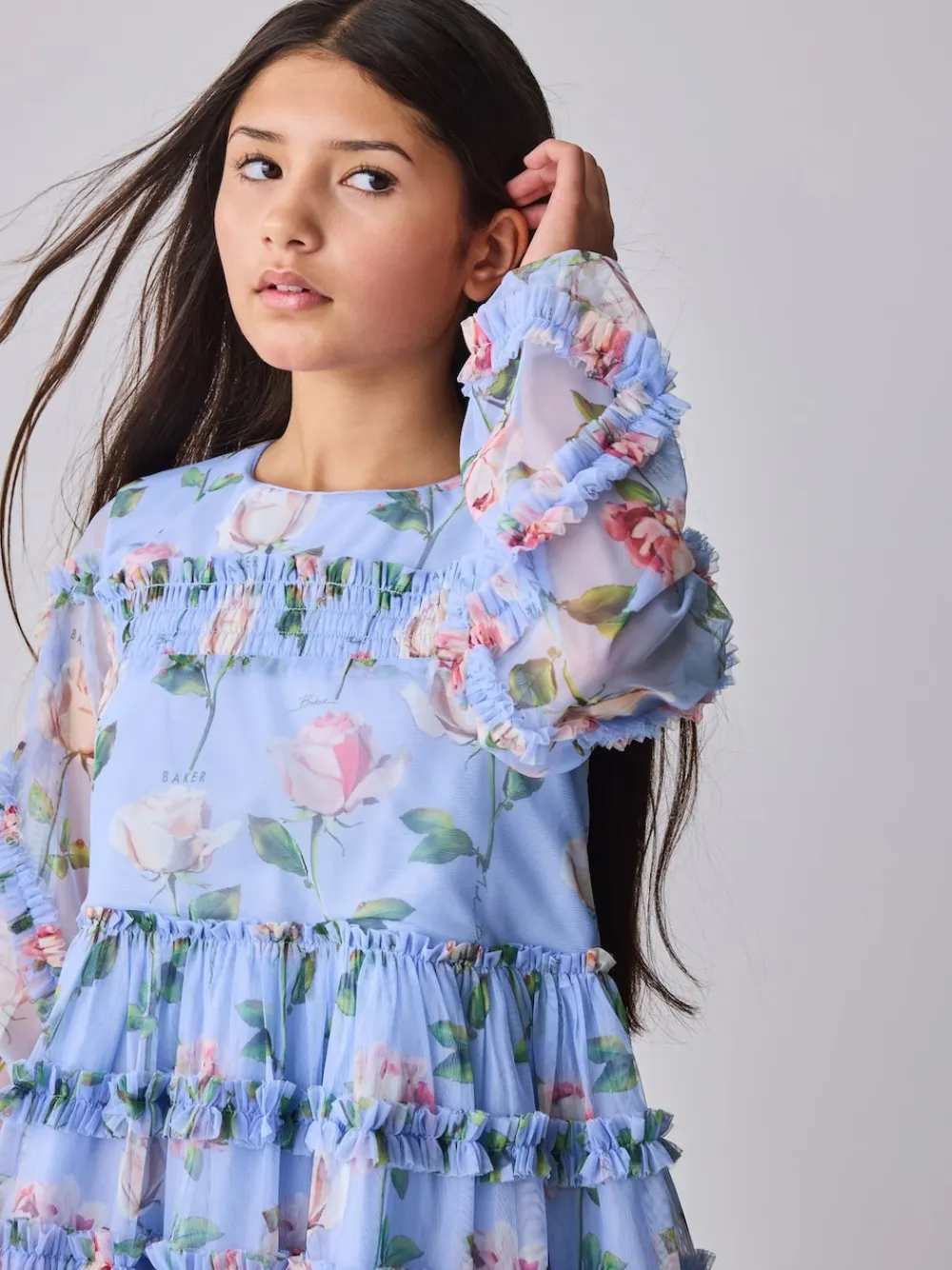 Baker by Ted Baker Robe bleue en maille à volants et imprimé fleuri| Robes|Tenues Grandes Occasions
