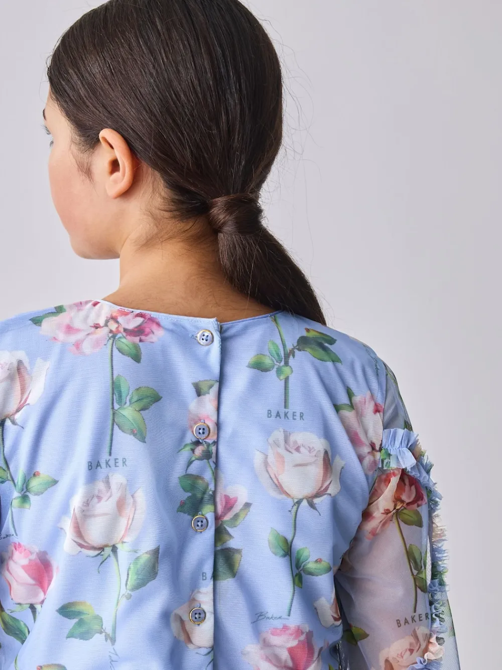 Baker by Ted Baker Robe bleue en maille à volants et imprimé fleuri| Robes|Tenues Grandes Occasions