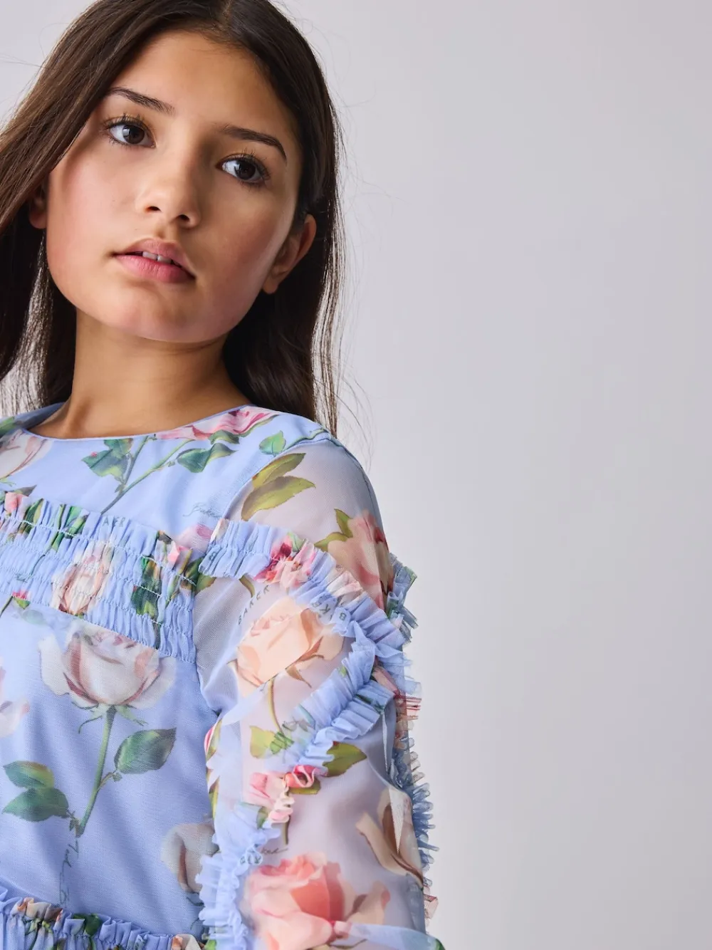 Baker by Ted Baker Robe bleue en maille à volants et imprimé fleuri| Robes|Tenues Grandes Occasions