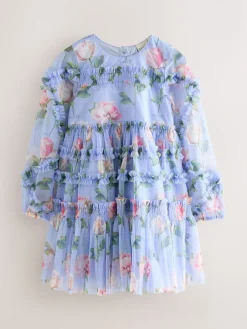 Baker by Ted Baker Robe bleue en maille à volants et imprimé fleuri| Robes|Tenues Grandes Occasions