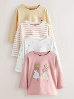 Best Next Rose/Blanc - Lot de 4 T-shirts à manches longues broderie lapin (3mois-7ans)