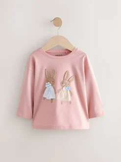 Best Next Rose/Blanc - Lot de 4 T-shirts à manches longues broderie lapin (3mois-7ans)