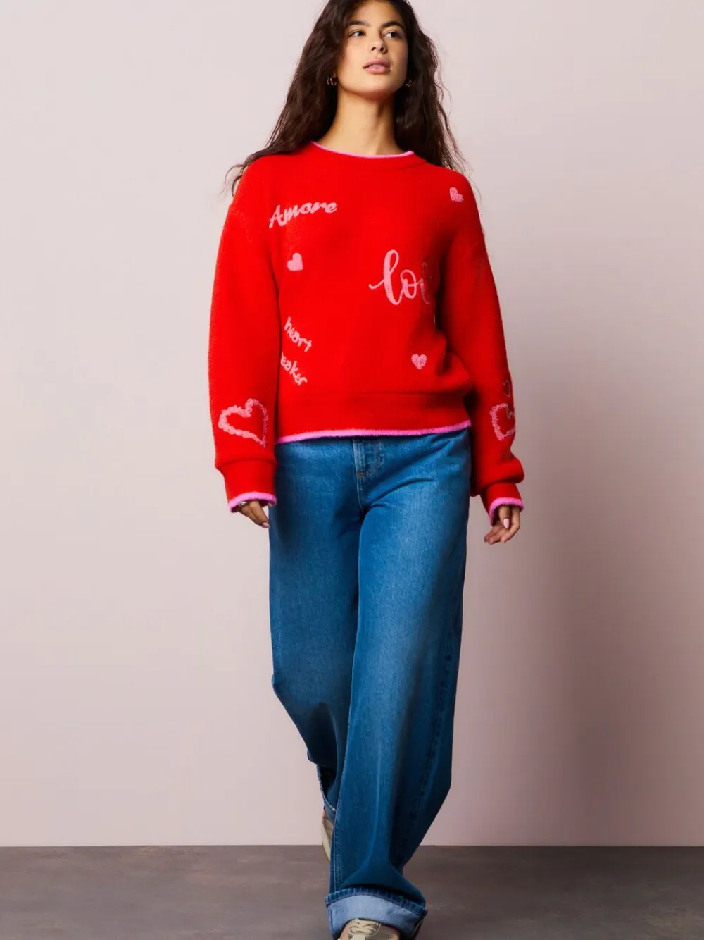 Best Next Rouge/Rose - Pull de Saint-Valentin brodé confortable