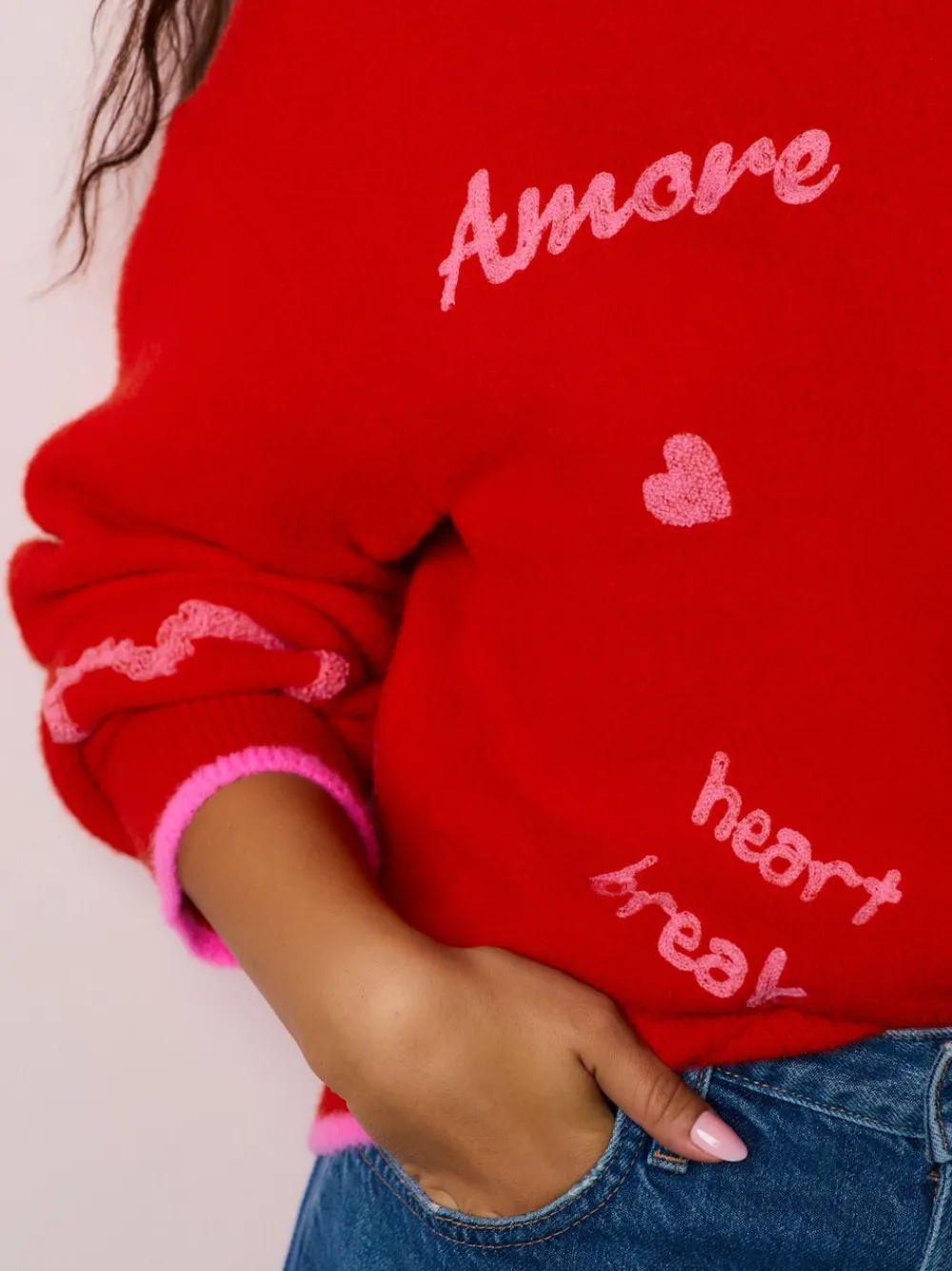 Best Next Rouge/Rose - Pull de Saint-Valentin brodé confortable