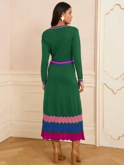 Best Love & Roses Vert - Robe mi-longue en maille à encolure crantée