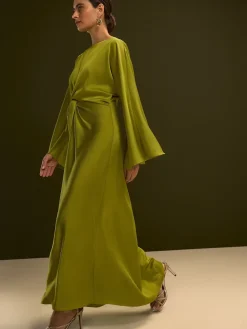Discount Next Vert citron - Robe longue en satin à manches longues torsadée sur le devant