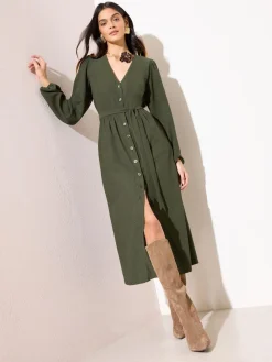 Clearance Friends Like These Vert kaki - Robe mi-longue texturée boutonnée à Manches longues Ceinturée