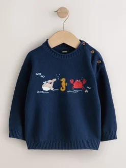 Online Next - Personnage Pull Col rond en maille (3mois-7ans) Vie marine bleu marine